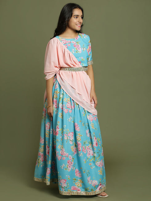 Girl's Aqua Blue Floral Print Crop Top & Lehenga Set With Dupatta